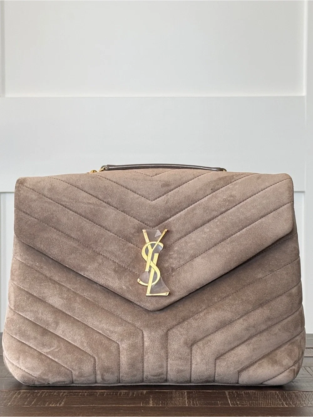 Saint Laurent Taupe Suede Quilted Satchel with Gold YSL Hardware